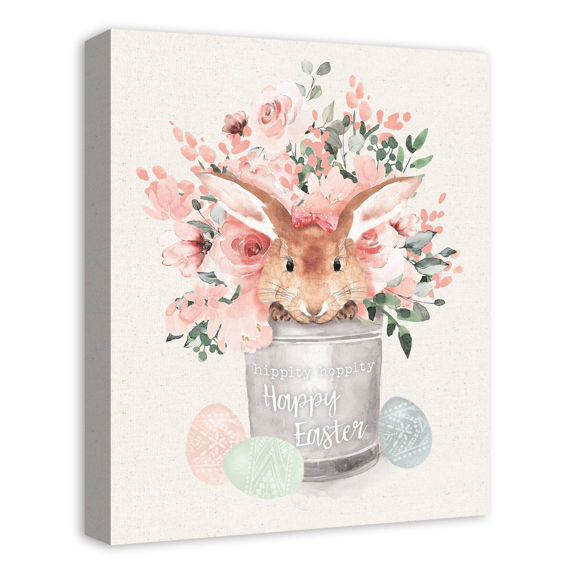 Easter Bunny Floral Bucket 16" x 20" Canvas Wall Art